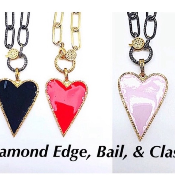Diamond Black, Pink, & Red Enamel Heart on Diamond Lobster Clasp Paperclip Chain - Picture 1 of 6